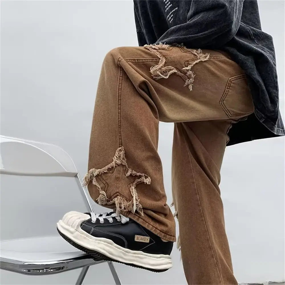 Stars Embroidery Brown Baggy Jeans Pants