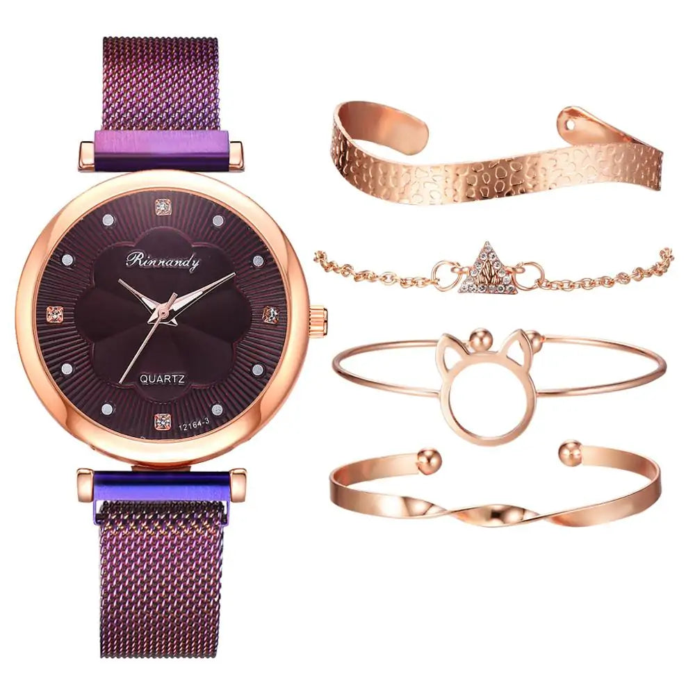 5-Piece Women's Luxury Magnet Buckle Watch And Bracelet Set