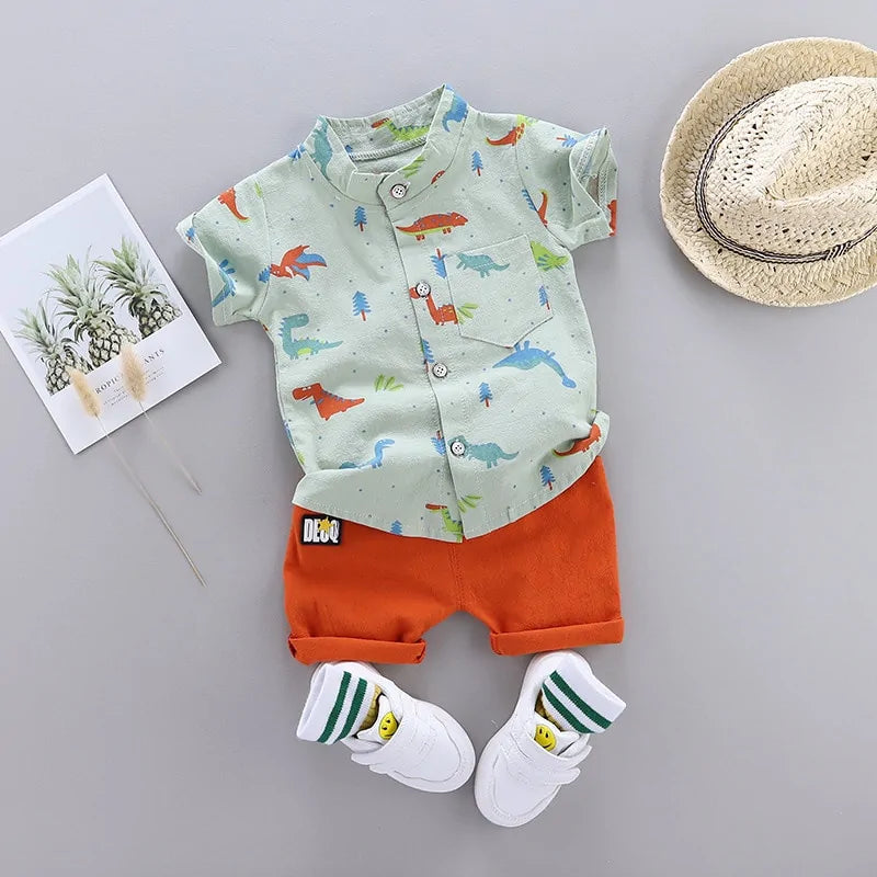 Cartoon Dinosaur Print Toddler Boy Set: Shirt + Pants