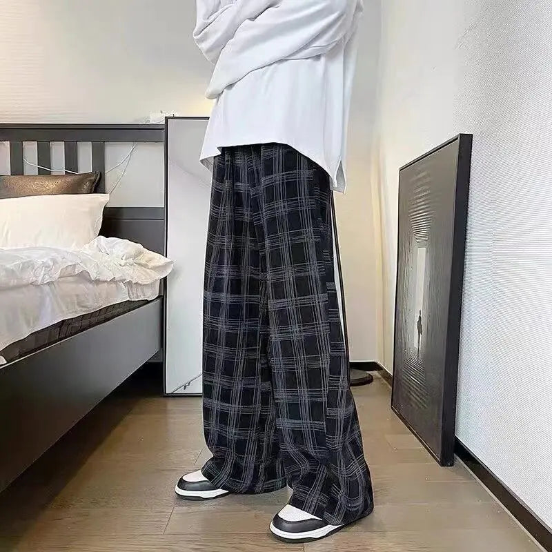 Men Plaid Straight Loose Trousers Pants