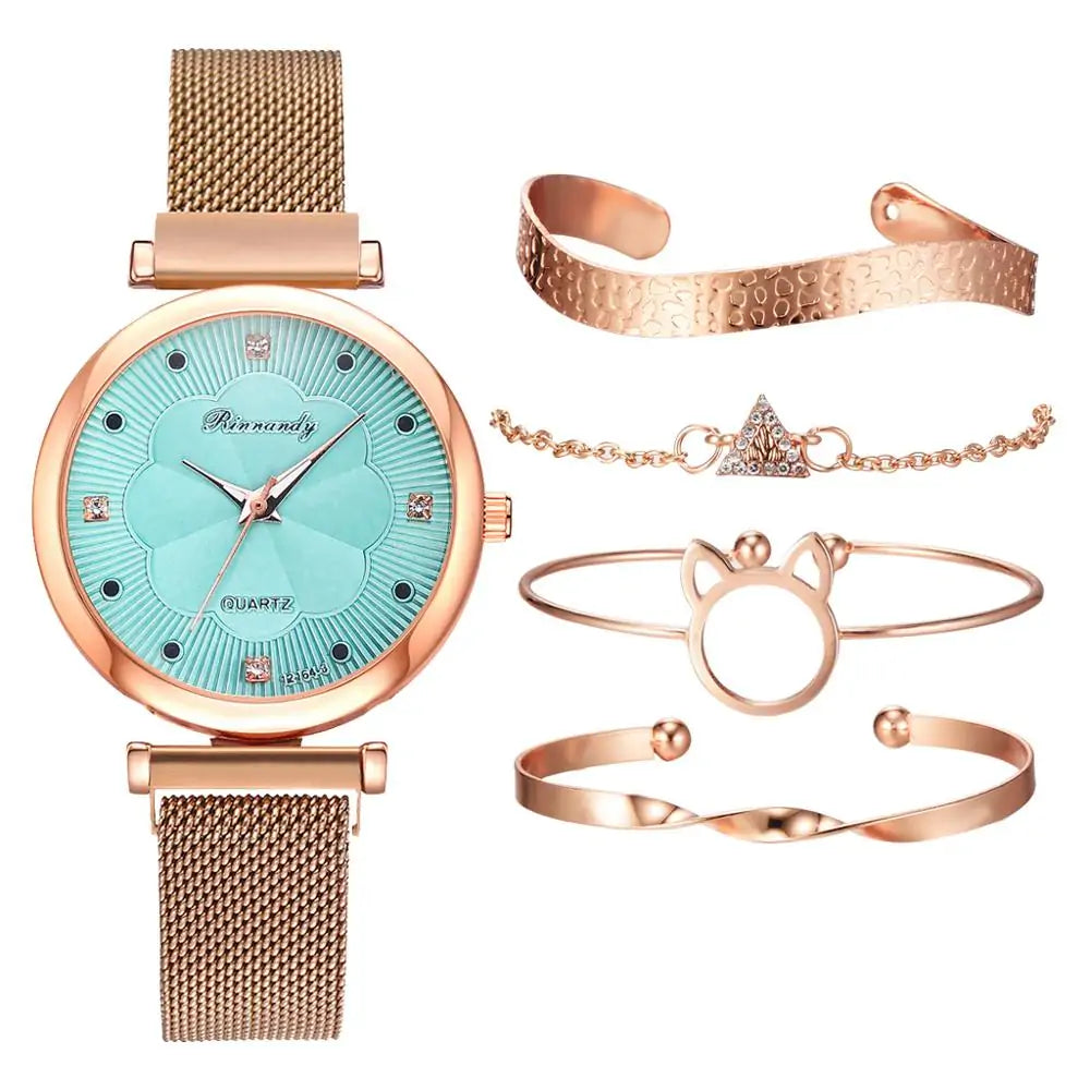 5-Piece Women's Luxury Magnet Buckle Watch And Bracelet Set