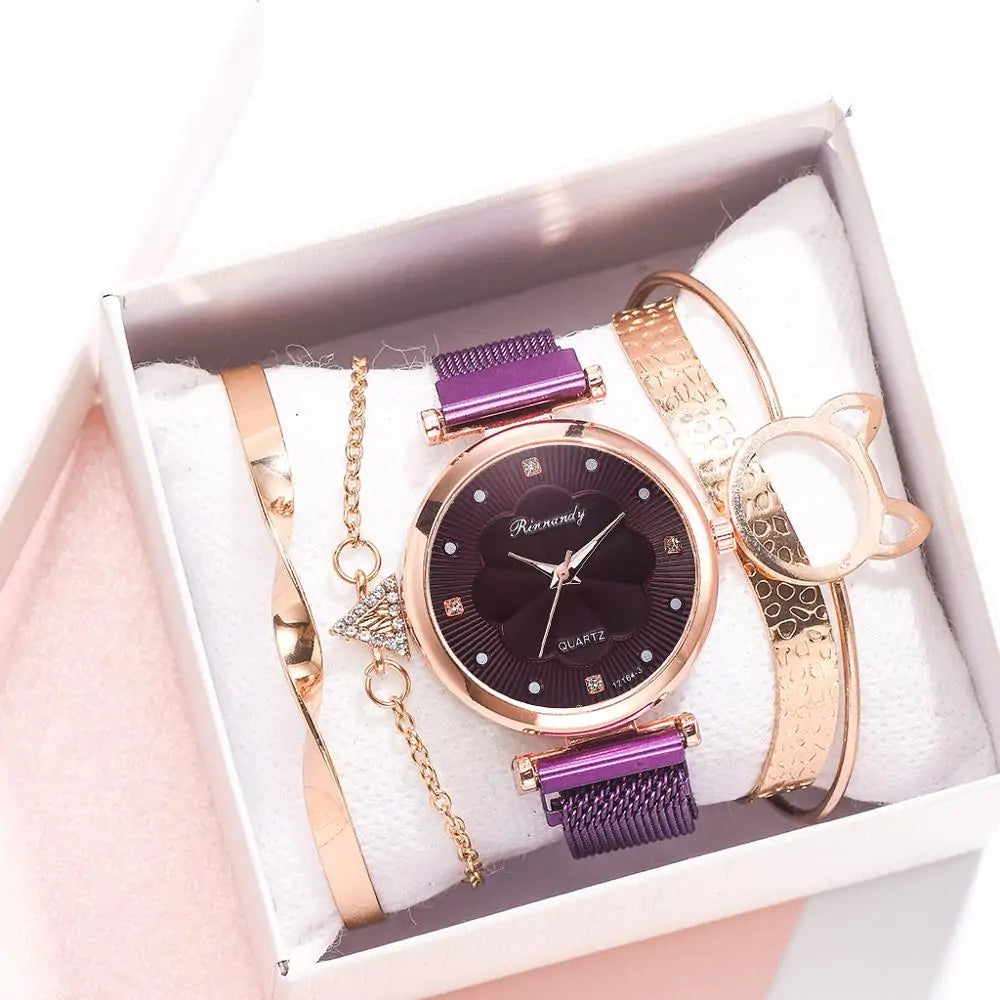 5-Piece Women's Luxury Magnet Buckle Watch And Bracelet Set