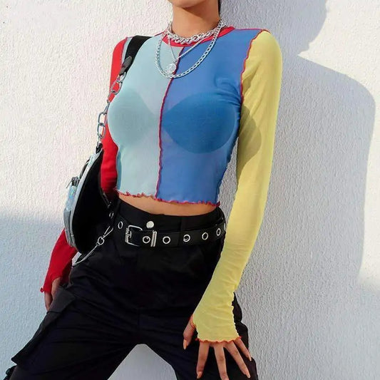 Color Block Mesh Crop Top