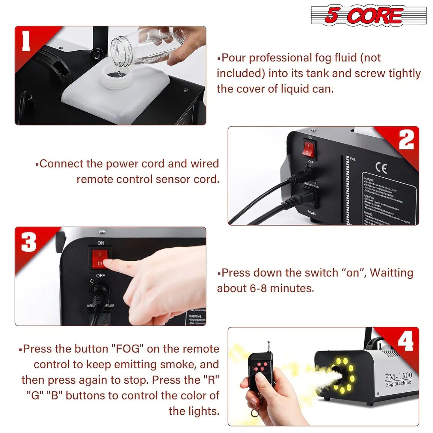 5 Core Fog Machine, 1500W 6000CFM, 2.5 L Tank Remote