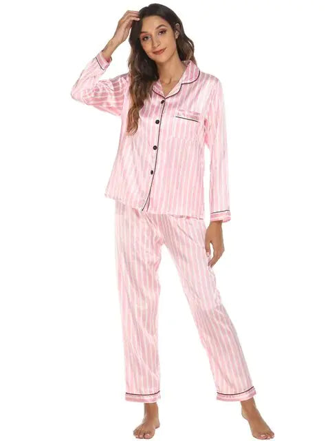 Two Piece Set Pyjama for Women Striped Satin Silk Sleepwear