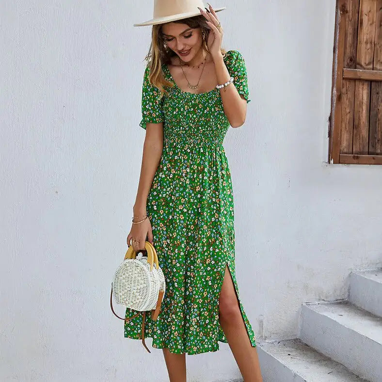 Floral Dress Smocked Sleeve V Neck Dresses