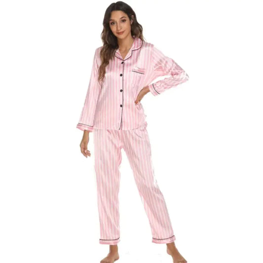 Two Piece Set Pyjama for Women Striped Satin Silk Sleepwear