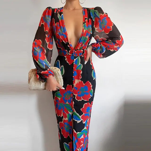 Women Sexy Button V-Neck Slit Dress