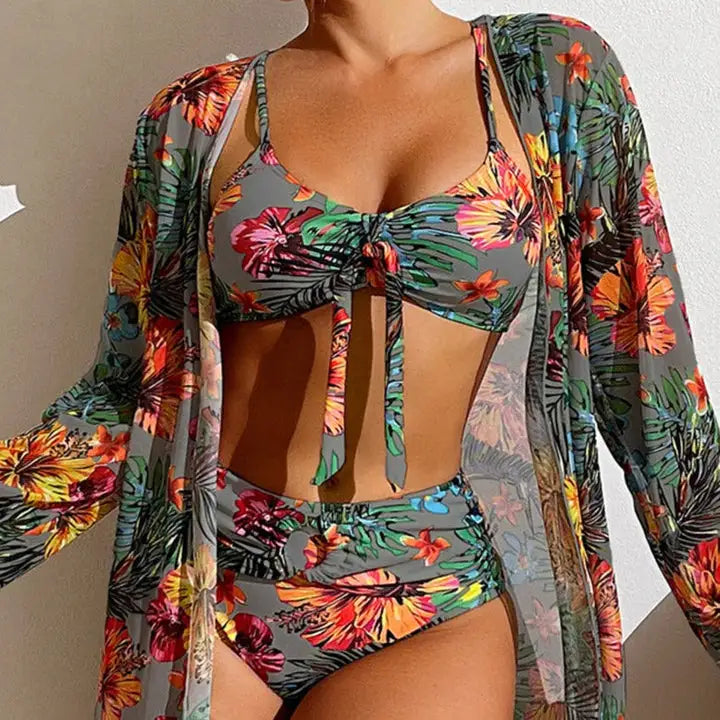 Three Piece Bikini Set with Floral Pattern