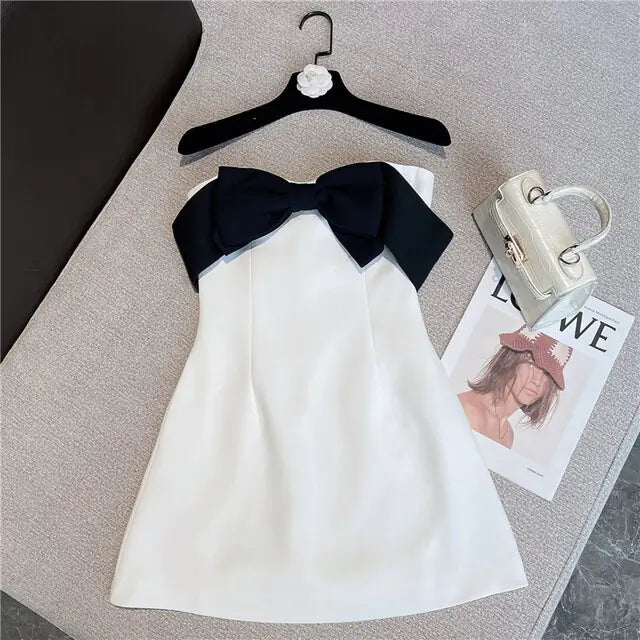 Elegant Black Bow Short Dress