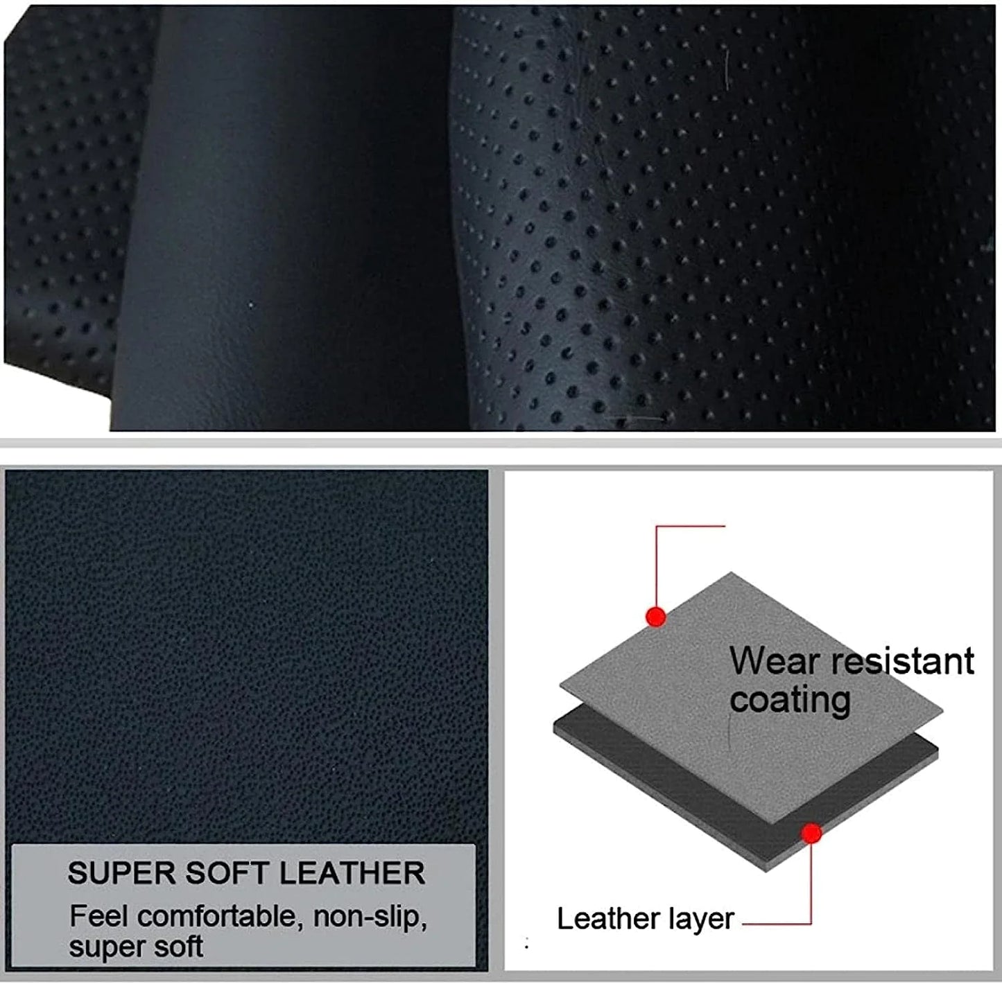 Genuine Leather DIY Car Steering Wheel Cover Anti-slip For 15"/38 cm Black US