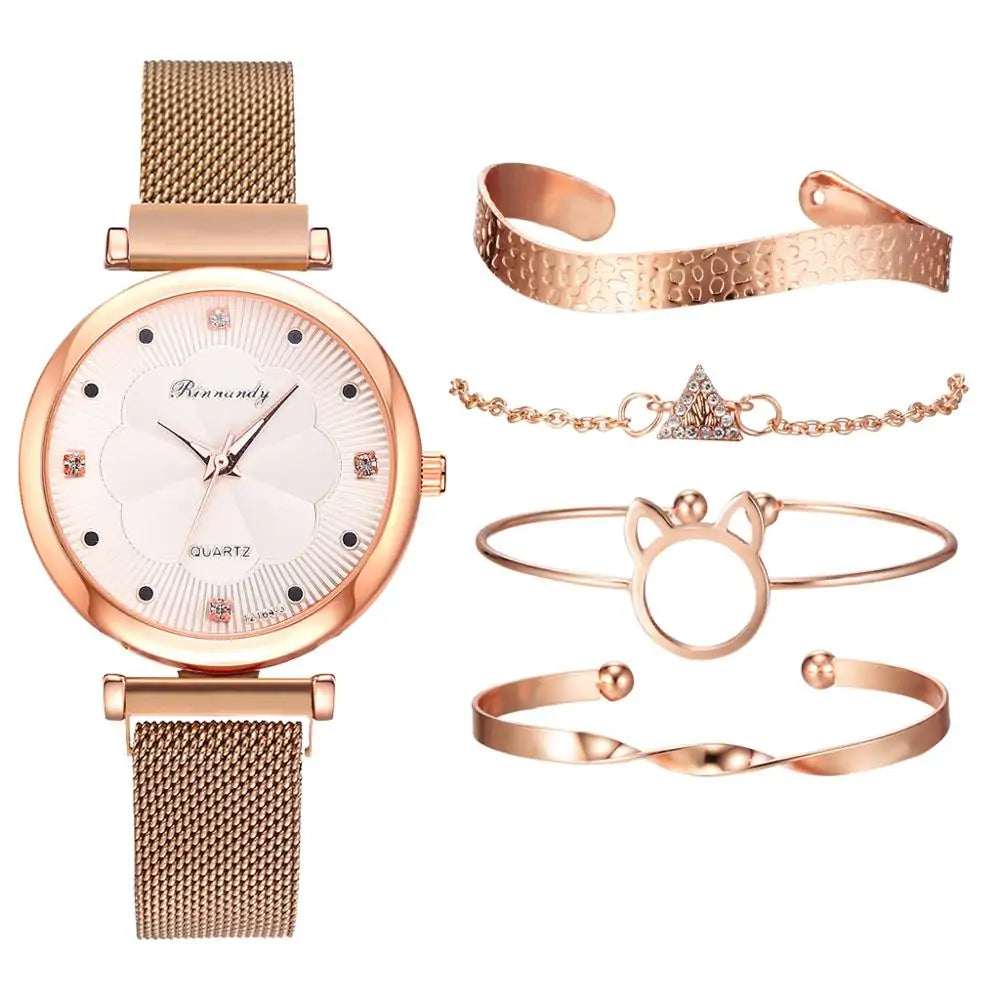 5-Piece Women's Luxury Magnet Buckle Watch And Bracelet Set