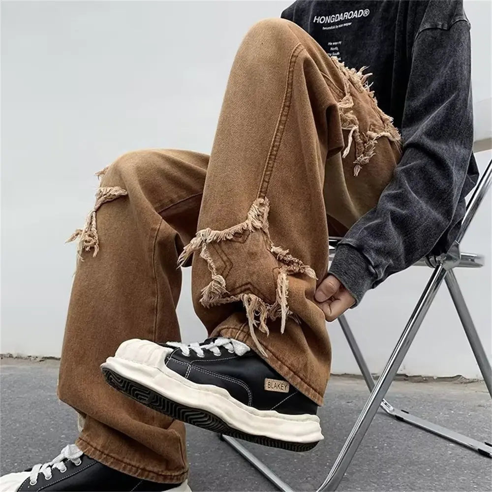 Stars Embroidery Brown Baggy Jeans Pants