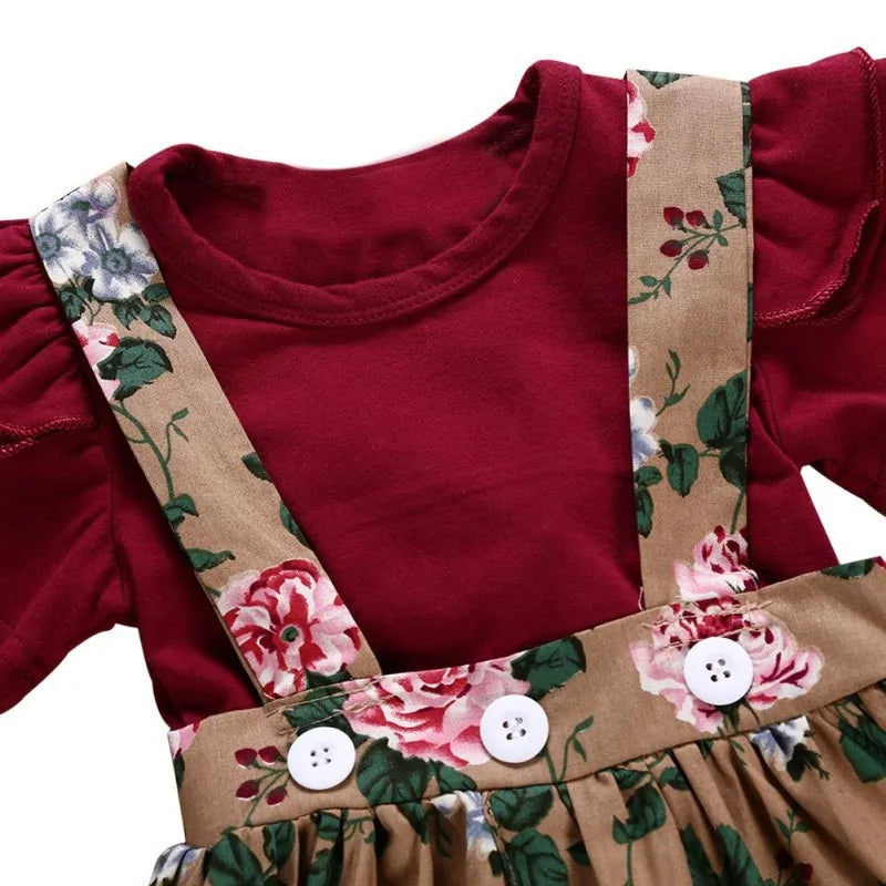 Girl Floral Print Dress Romper Headband Clothes Set