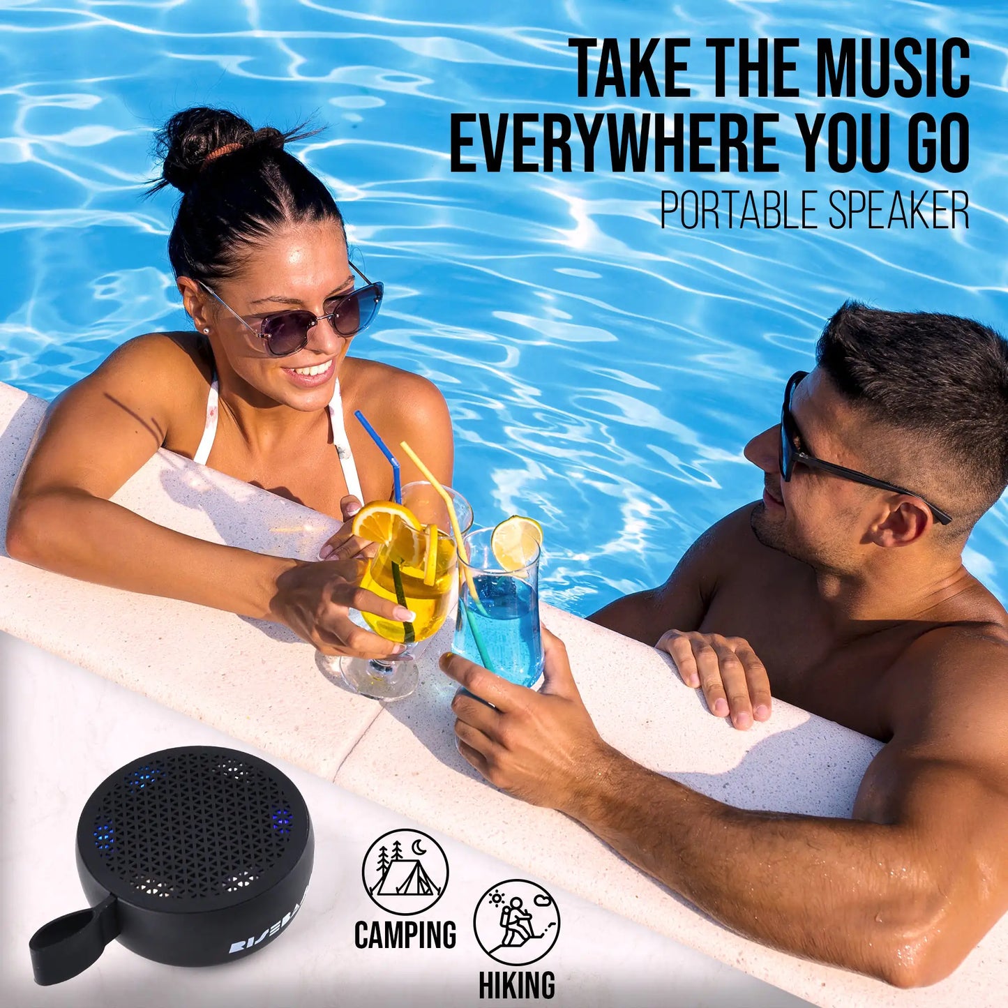 RISEBASS Water Resistant Bluetooth Speaker, Handsfree Portable Speakerphone Control Buttons with LED Light, True Wireless Stereo for Bathroom, Kitchen, Hiking, Kayak, Beach, Gifts