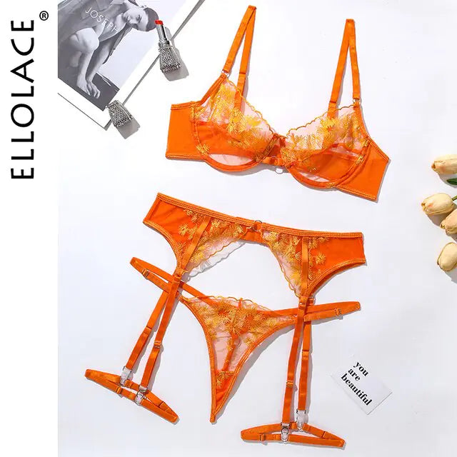 Ellolace Orange Lace Embroidery Lingerie Set