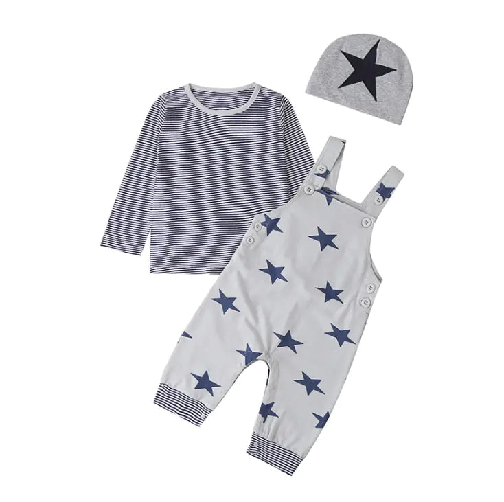 Newborn Baby Boy Clothes Long Sleeve Tops + Suspender Pants + Hat