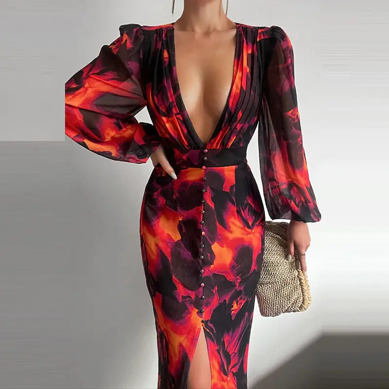 Women Sexy Button V-Neck Slit Dress