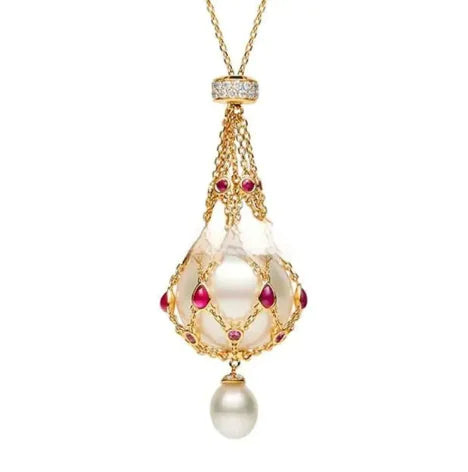 Pearl Gemstone Lavalier Pendant Necklace with Metal Net Bag