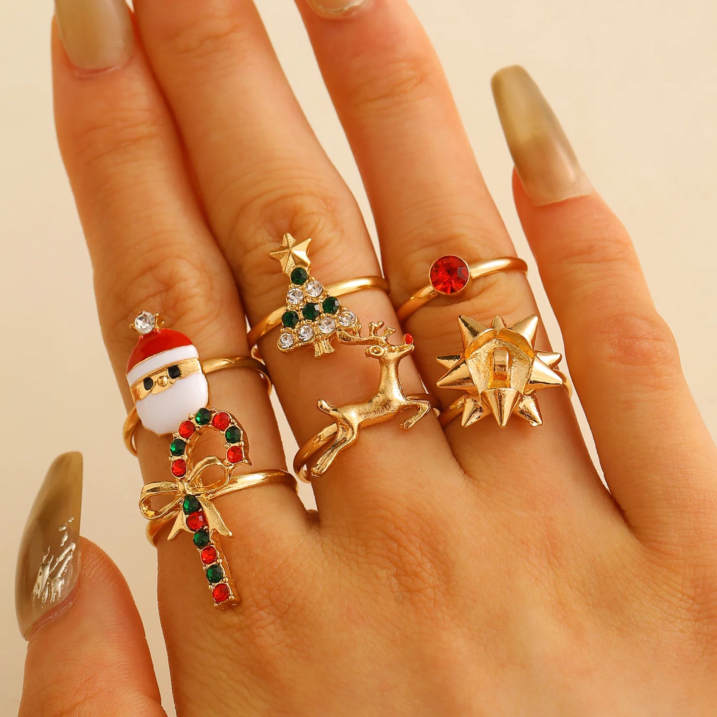 Festive Charm: 6-Piece Santa Claus & Reindeer Adjustable Christmas Rings Set