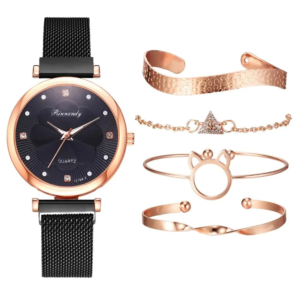 5-Piece Women's Luxury Magnet Buckle Watch And Bracelet Set