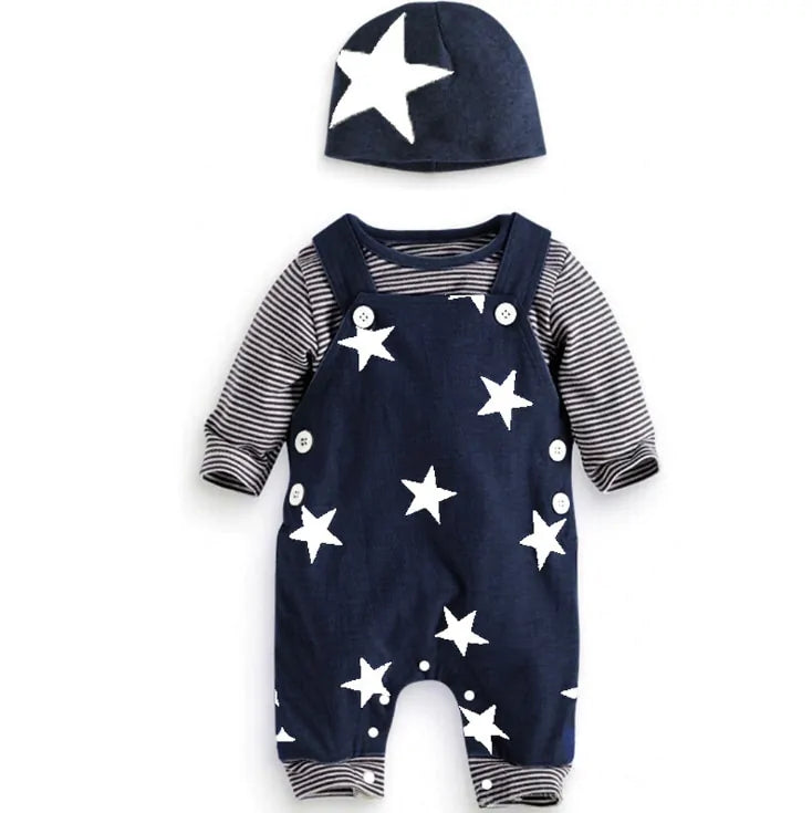 Newborn Baby Boy Clothes Long Sleeve Tops + Suspender Pants + Hat