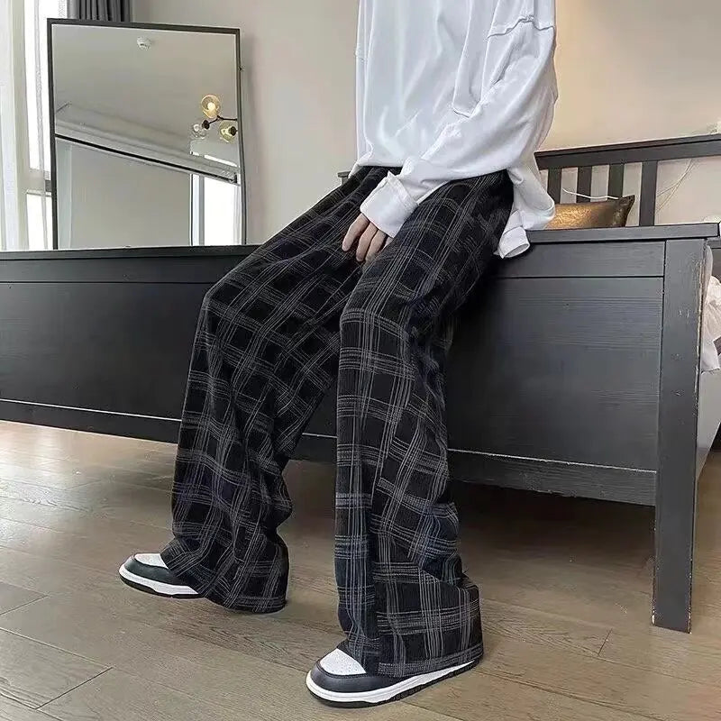 Men Plaid Straight Loose Trousers Pants