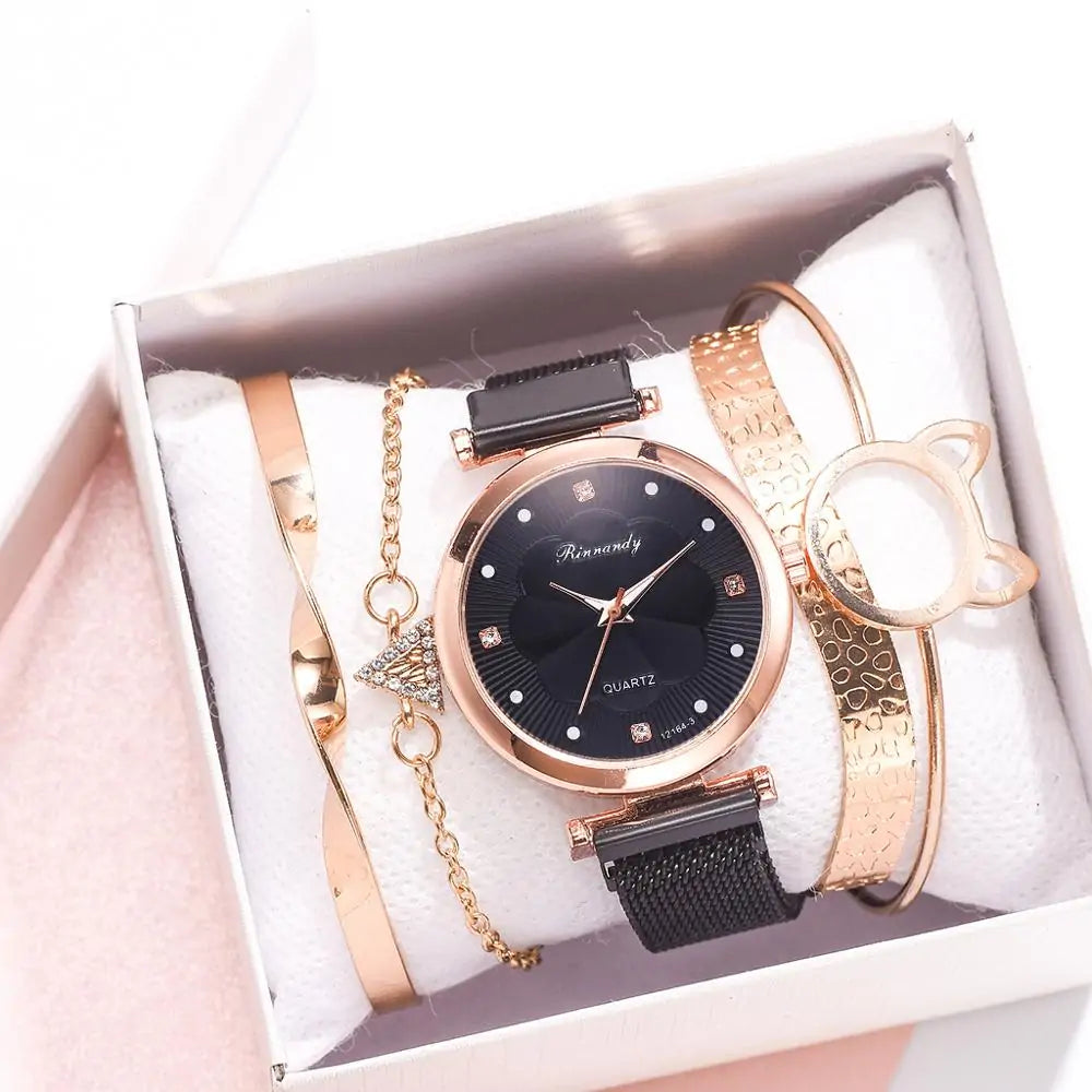 5-Piece Women's Luxury Magnet Buckle Watch And Bracelet Set