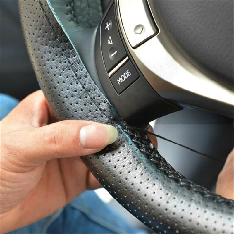 Genuine Leather DIY Car Steering Wheel Cover Anti-slip For 15"/38 cm Black US