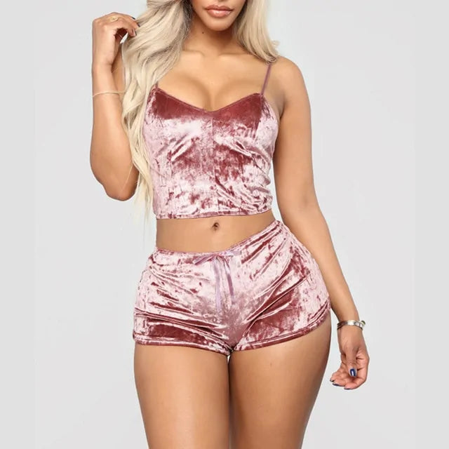 Spaghetti Strap Velvet Shorts Sexy Pyjama Set