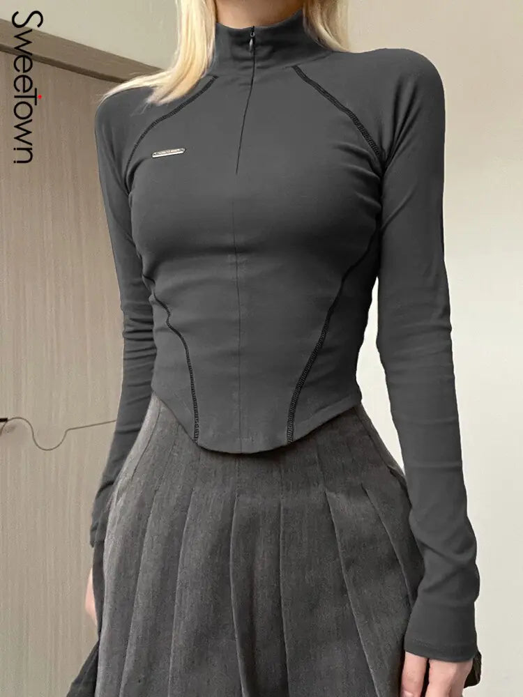 Gray Stitched Turtleneck Top