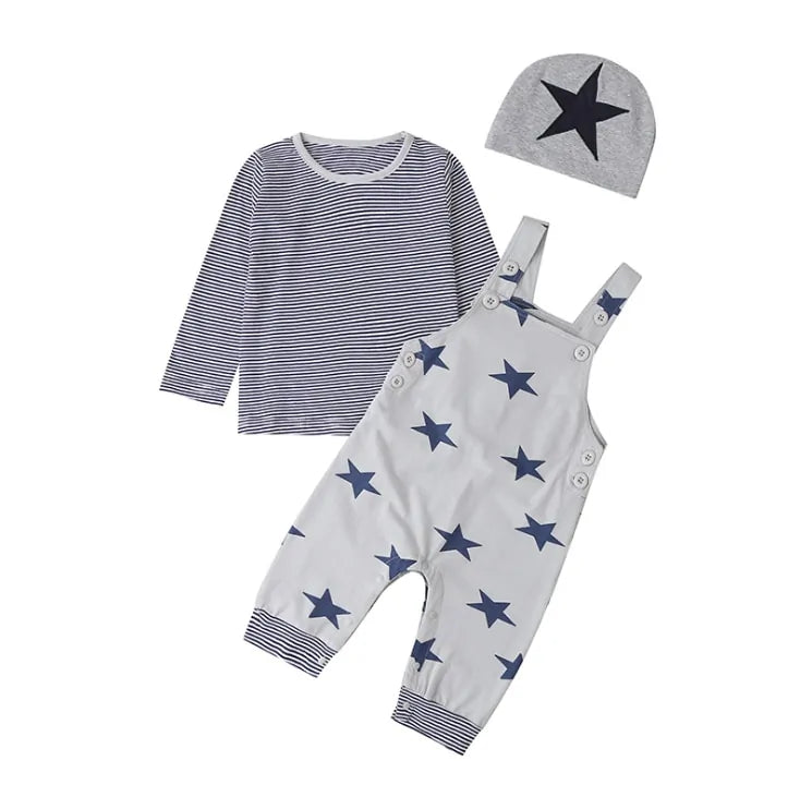 Newborn Baby Boy Clothes Long Sleeve Tops + Suspender Pants + Hat