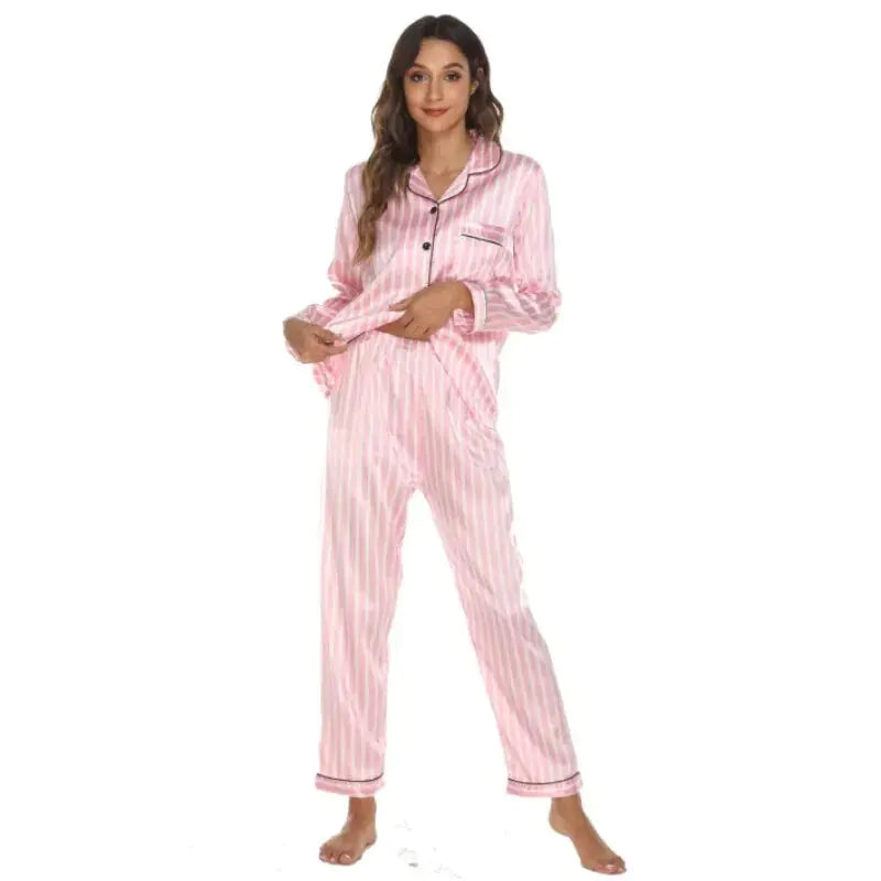 Two Piece Set Pyjama for Women Striped Satin Silk Sleepwear