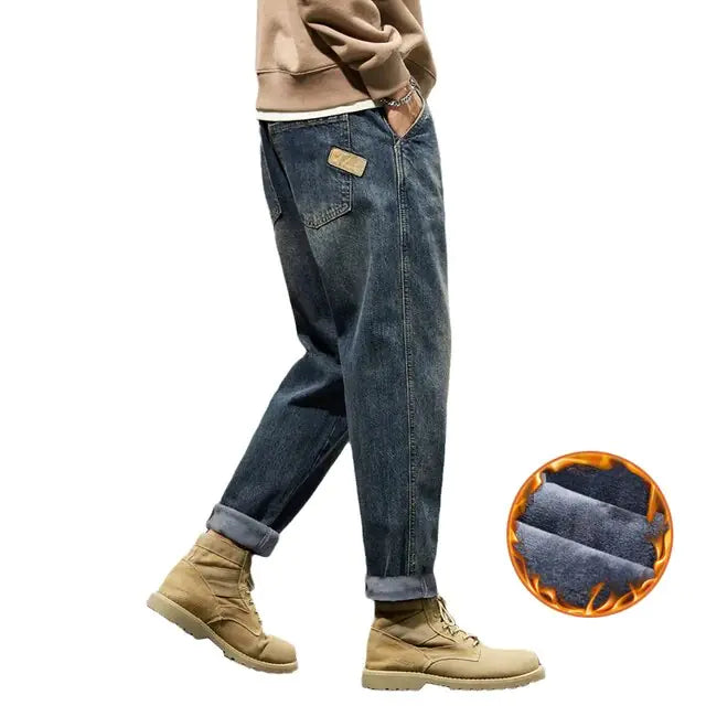 Denim Trousers Fleece Loose Fit Winter Jeans For Men