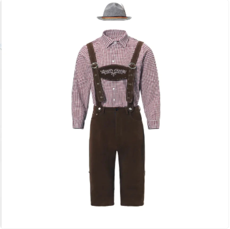 Men’s Oktoberfest Costume - Plaid Shirt, Bib Shorts, & Hat