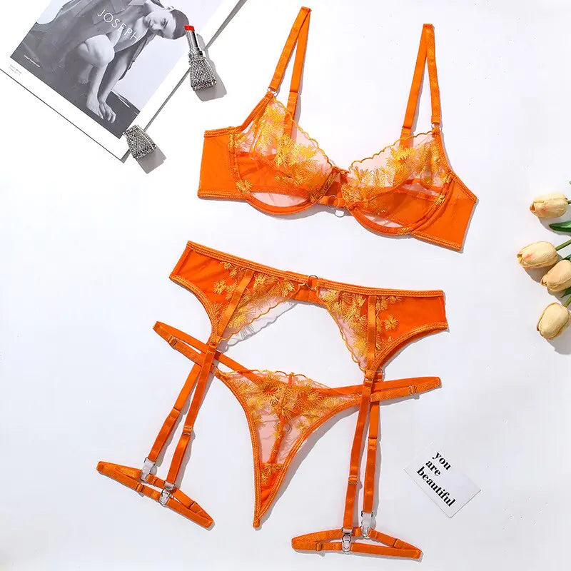 Ellolace Orange Lace Embroidery Lingerie Set