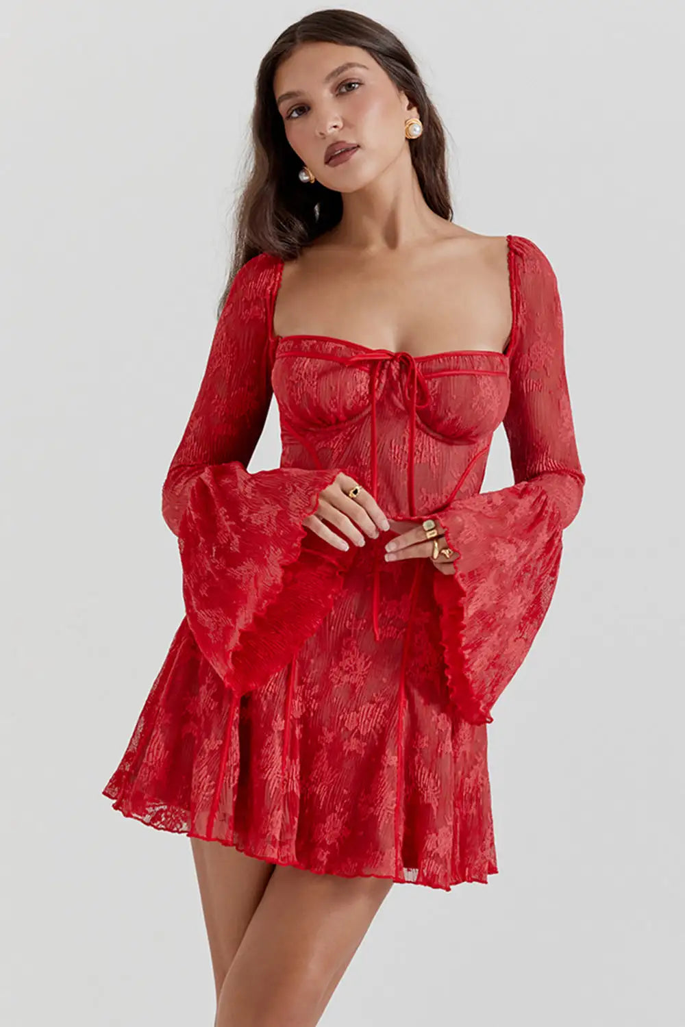 Lace Square Collar Slim Red Dress