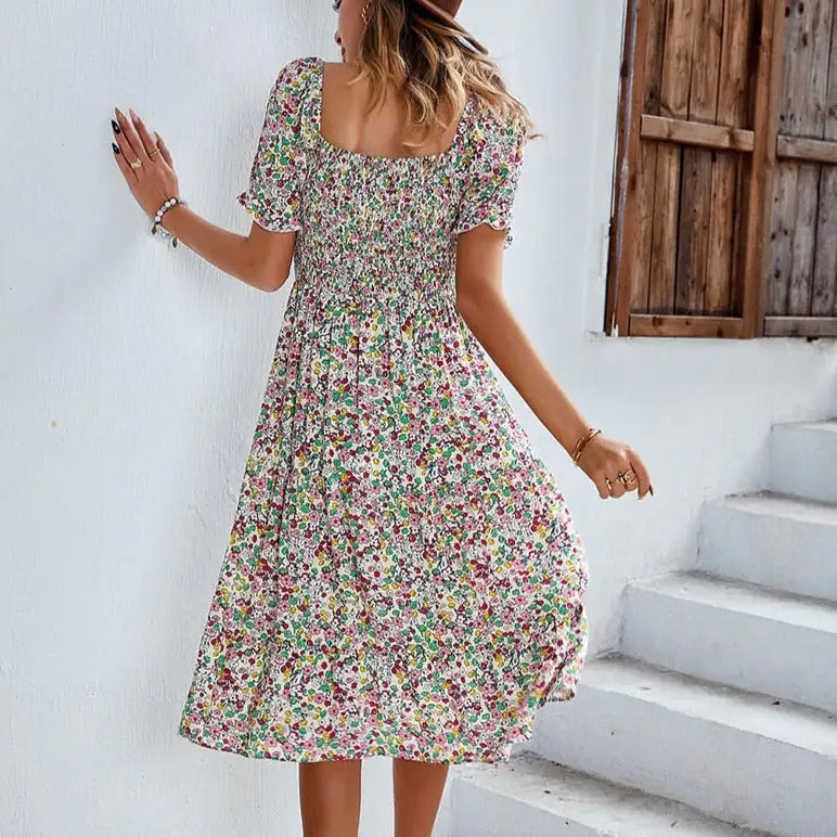 Floral Dress Smocked Sleeve V Neck Dresses