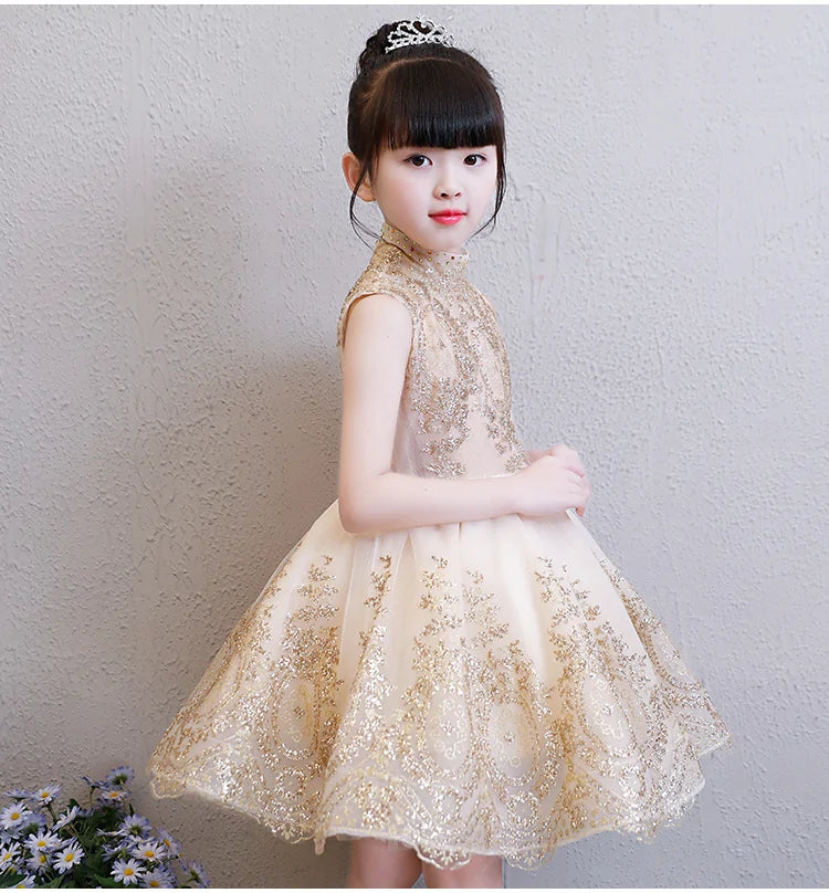 Elegant Tulle Golden Dress For Kids