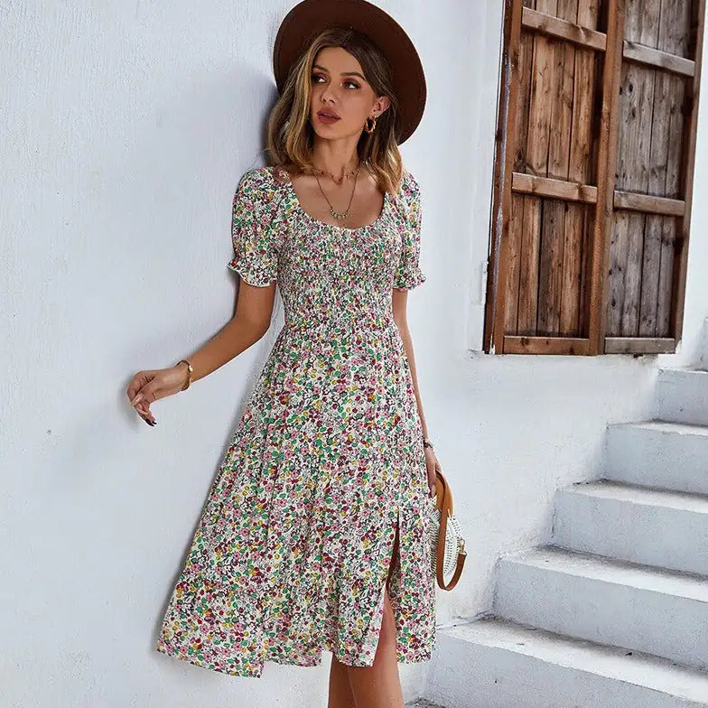 Floral Dress Smocked Sleeve V Neck Dresses