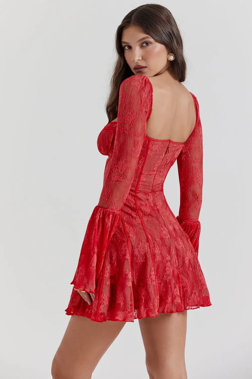 Lace Square Collar Slim Red Dress