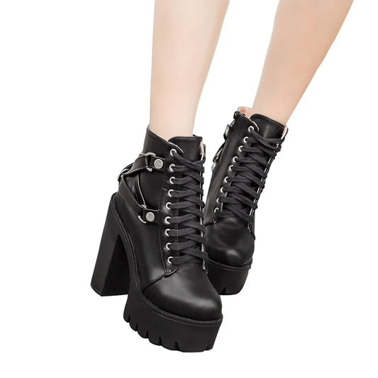 Black Boots Women Heel Lace-up