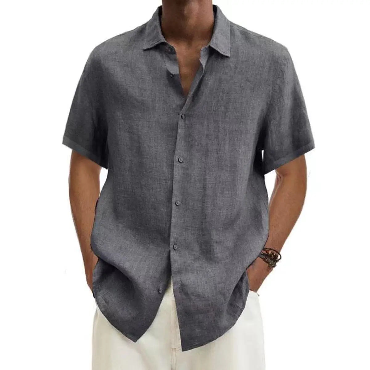 V-neck Button Cotton And Linen Shirt