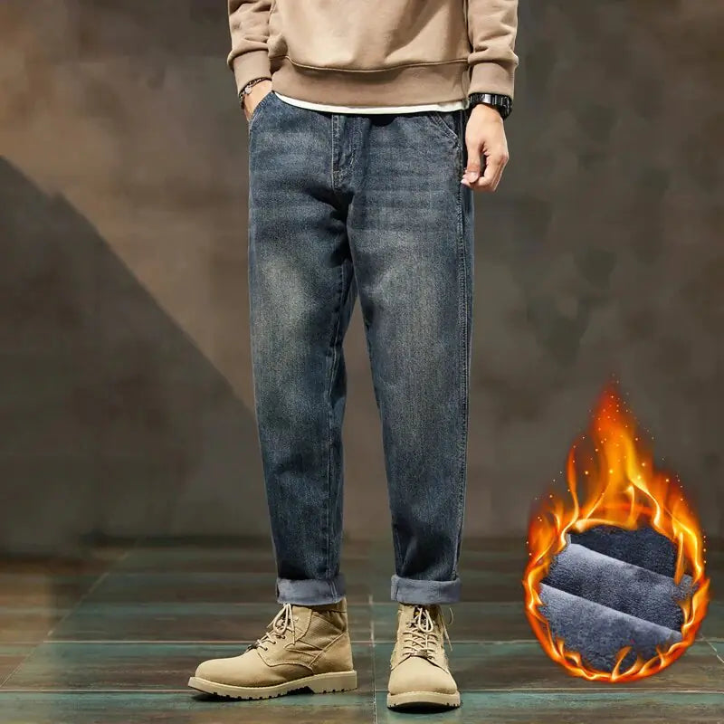 Denim Trousers Fleece Loose Fit Winter Jeans For Men