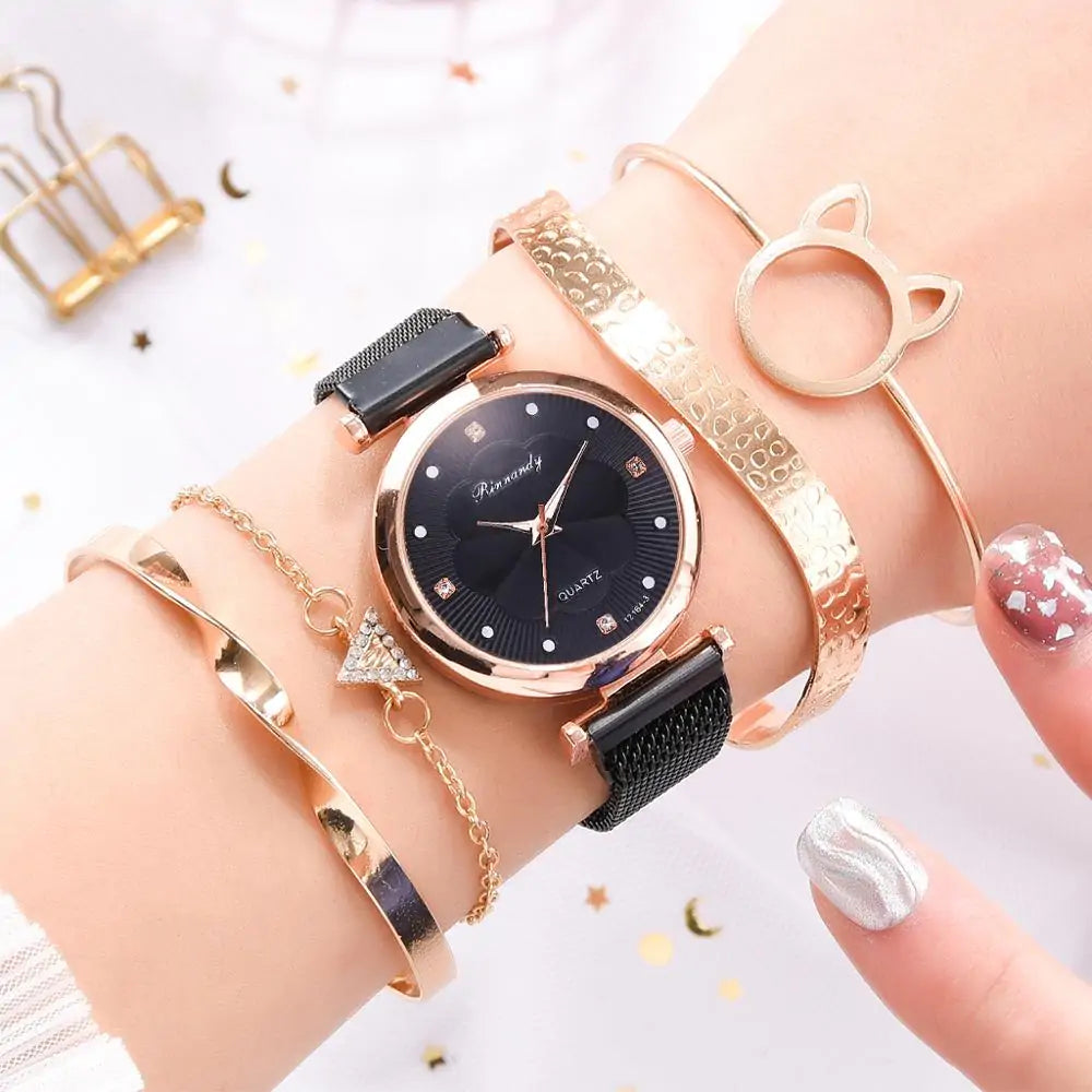 5-Piece Women's Luxury Magnet Buckle Watch And Bracelet Set