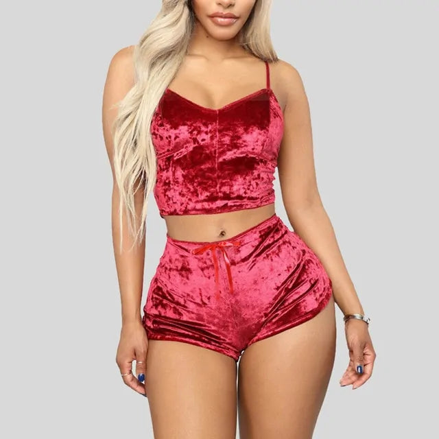 Spaghetti Strap Velvet Shorts Sexy Pyjama Set