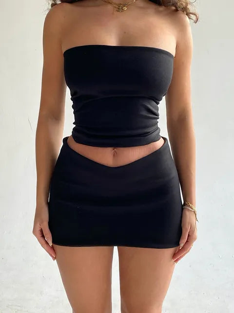 Hugcitar Sleeveless Folds Tube Crop Top Skirts