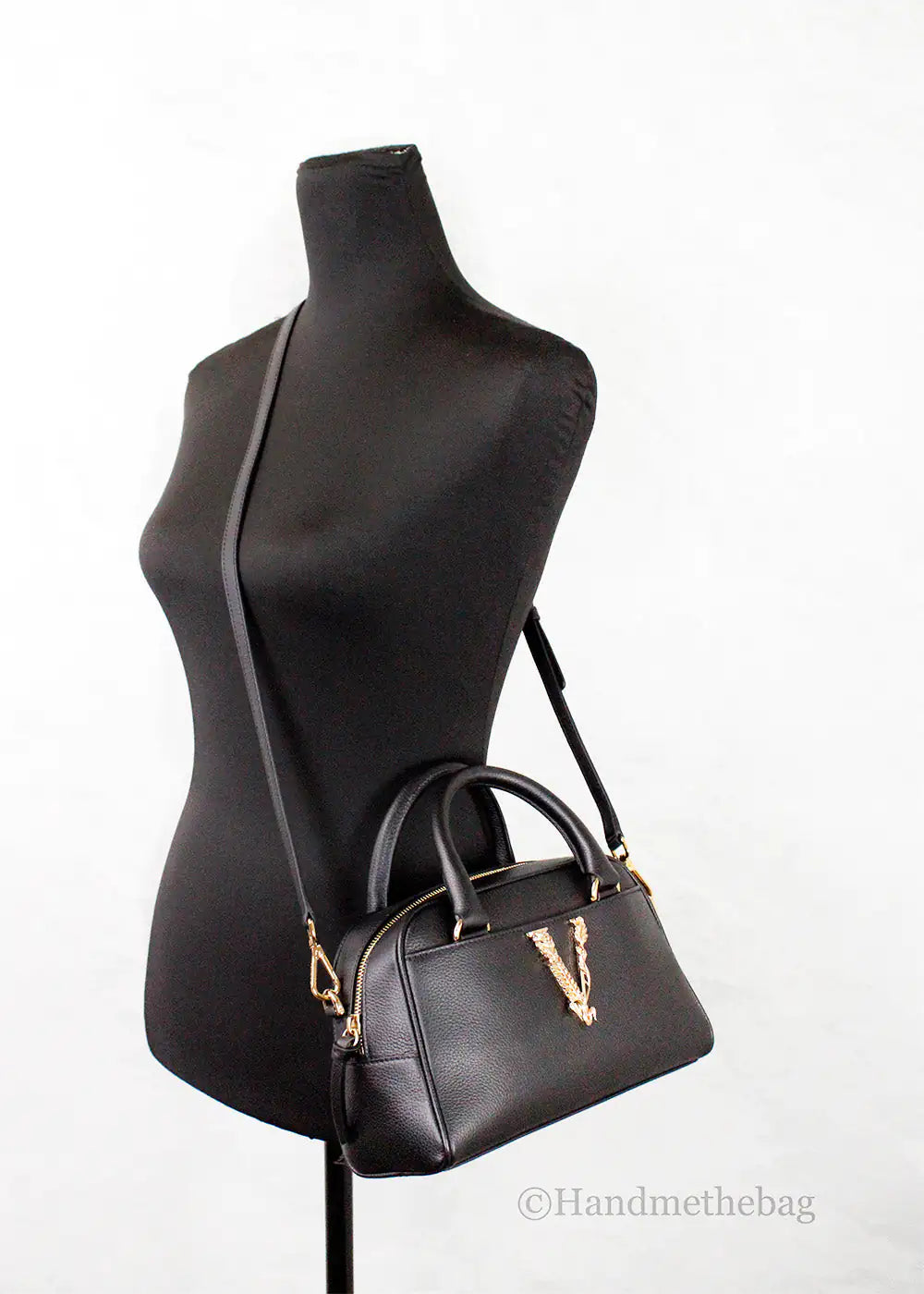 Versace Virtus Small Black Grainy Leather Bowling Top Handle Crossbody Handbag