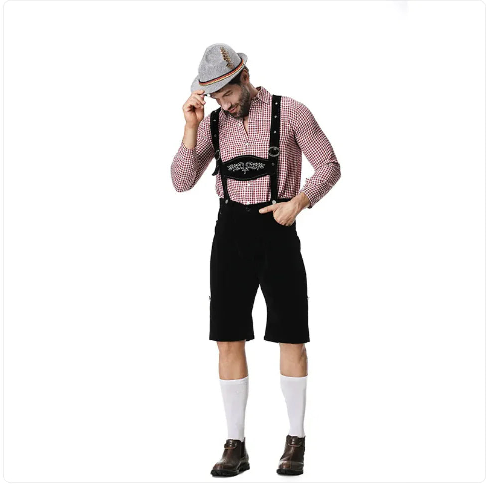 Men’s Oktoberfest Costume - Plaid Shirt, Bib Shorts, & Hat