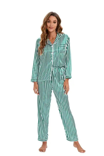 Two Piece Set Pyjama for Women Striped Satin Silk Sleepwear